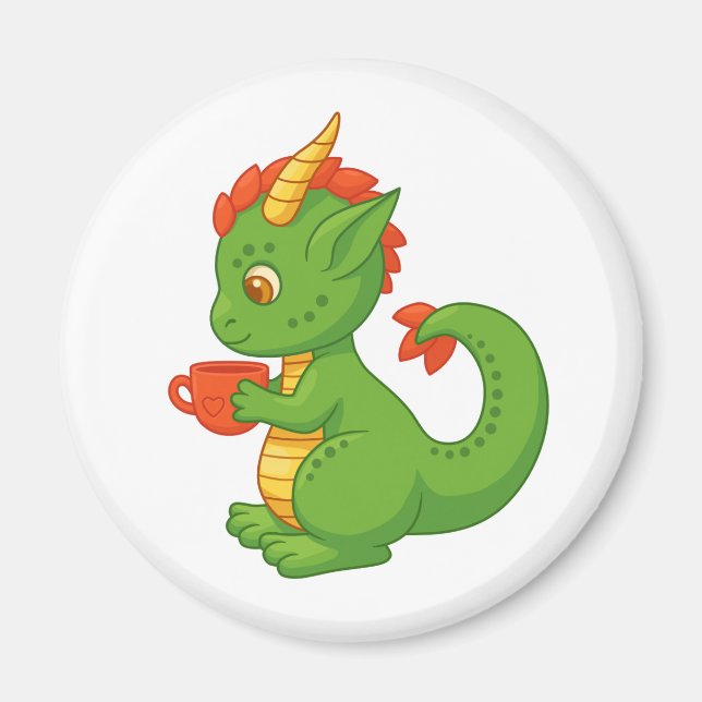 Imán Bebé dragón lindo sosteniendo taza (Frente)