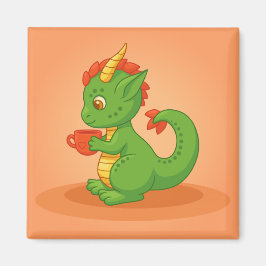 Imán Bebé dragón lindo sosteniendo taza sobre naranja