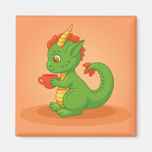 Imán Bebé dragón lindo sosteniendo taza sobre naranja