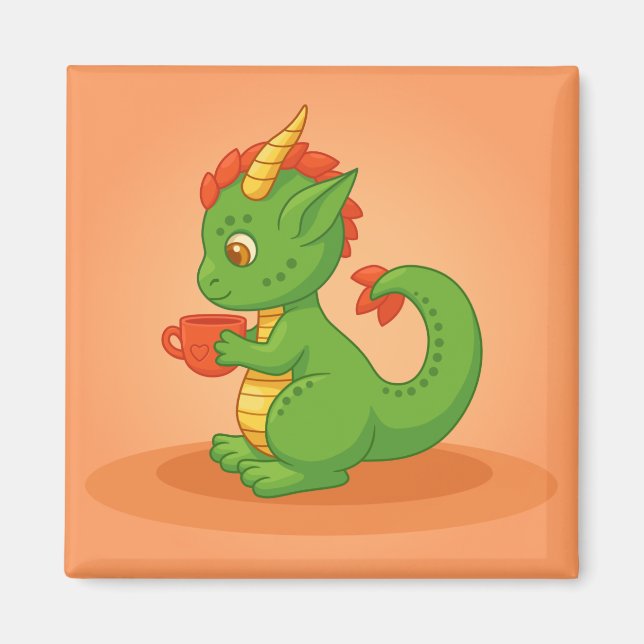 Imán Bebé dragón lindo sosteniendo taza sobre naranja (Frente)