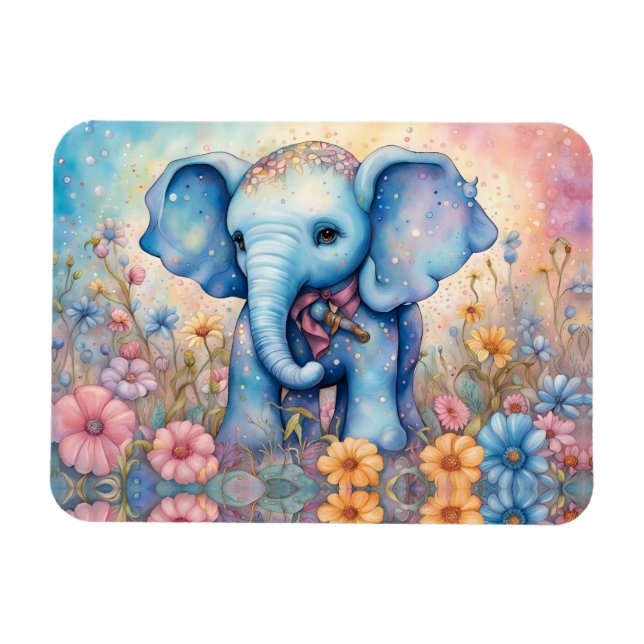 Imán Bebé elefante lindo en un jardín pastel (Horizontal)