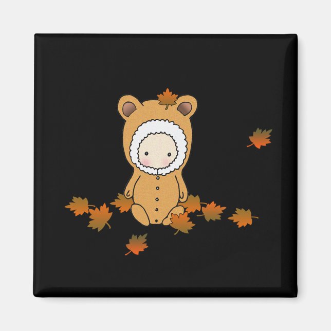 Imán Bebé Lindo de Otoño entre las Hojas (Frente)