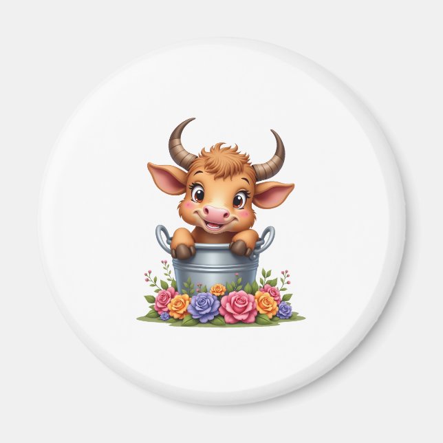 Imán Bebé lindo de vaca de las Highlands con flores Ter (Frente)