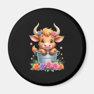 Imán Bebé ternero de vaca Highland lindo con flores Ani