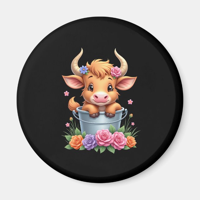 Imán Bebé ternero de vaca Highland lindo con flores Ani (Frente)
