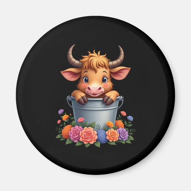 Imán Bebé ternero de vaca Highland lindo con flores Ani (Frente)