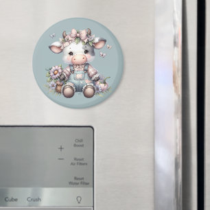 Imán Bebé Vaca Pastel Adorable con Overoles y Flores
