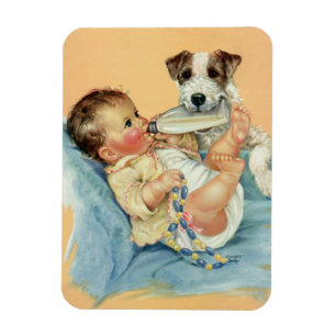 Imán Bebé varón vintage adorable con biberón y cachorro