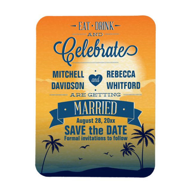 Imán Beber y celebrar verano atardecer Guardar la fecha (Vertical)