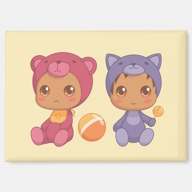 Imán Bebés gemelos llevan traje de gato 2 amarillo (Anverso)