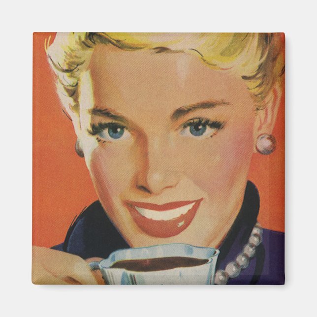 Imán Bebidas de época, mujer feliz con copa de café (Frente)