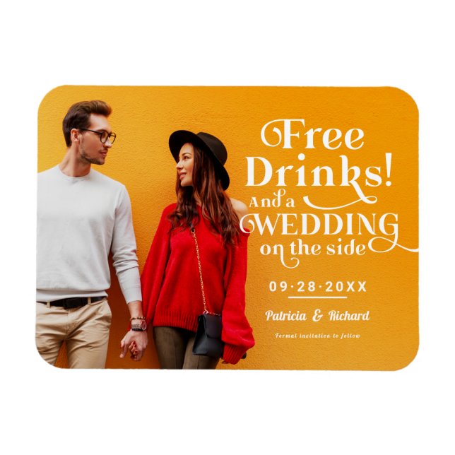Imán Bebidas Gratis Divertido Casamiento Informal Save  (Horizontal)