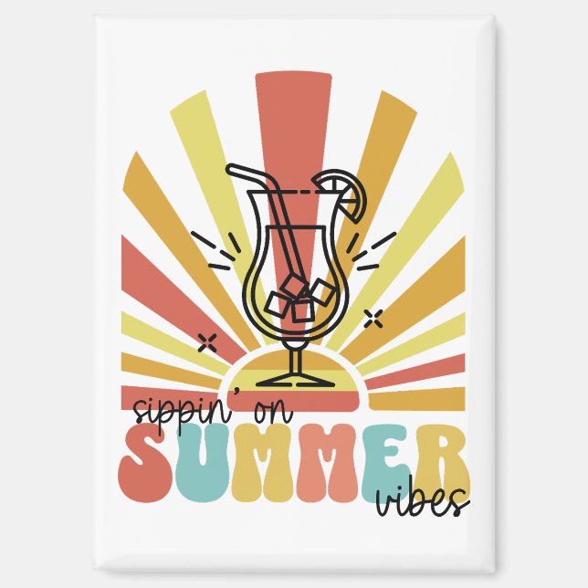 Imán Bebiendo Vibraciones de Verano, Sol Retro, Vaso de (Anverso)