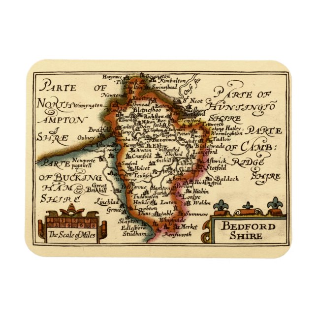 Imán Bedfordshire County England Mapa anticuario antigu (Horizontal)