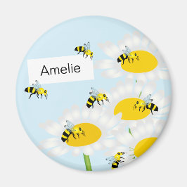 Imán Bee on Flower Round Magnet - Fondo azul