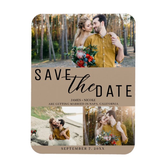 Imán Beige Save the Date Boda 3 Fotos (Vertical)