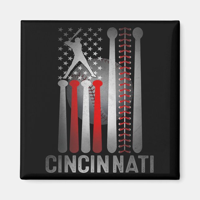 Imán Béisbol Cincinnati Retro Con Bandera Estadounidens (Frente)
