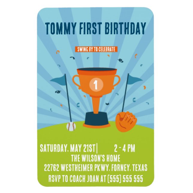 Imán Béisbol Tema Deportivo de primer cumpleaños (Vertical)