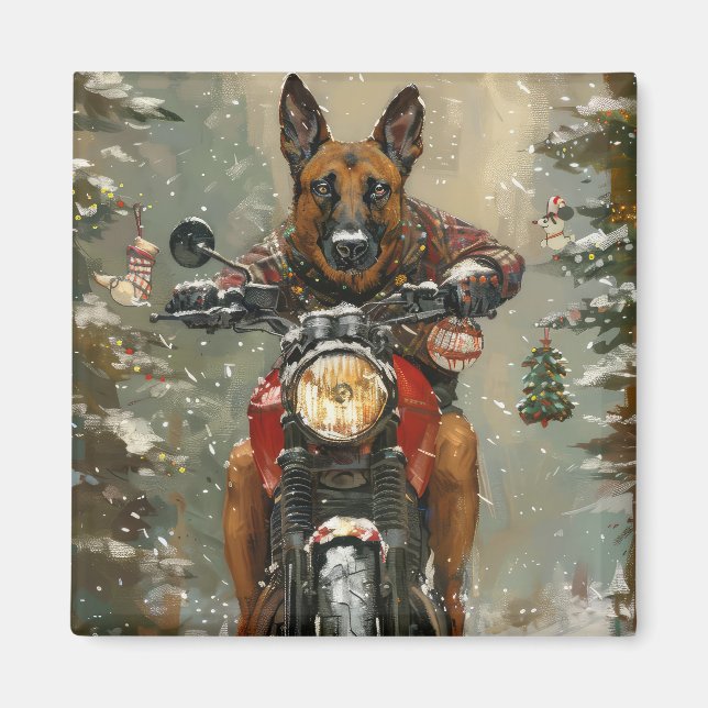Imán Belga Malinoi Viaje en Motocicleta Navidad (Frente)
