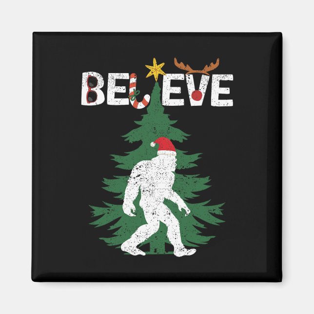 Imán Believe Bigfoot Sasquatch Yeti Santa Hat Navidades (Frente)