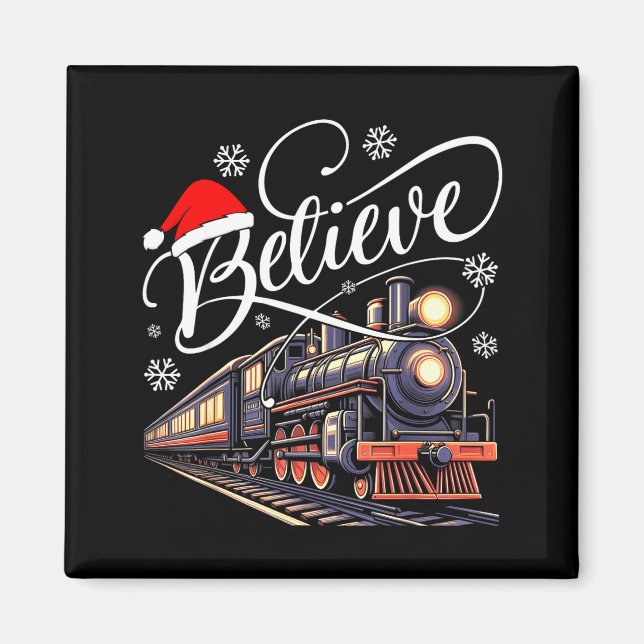 Imán Believe Christmas Trains Xmas Santa Family Pajamas (Frente)