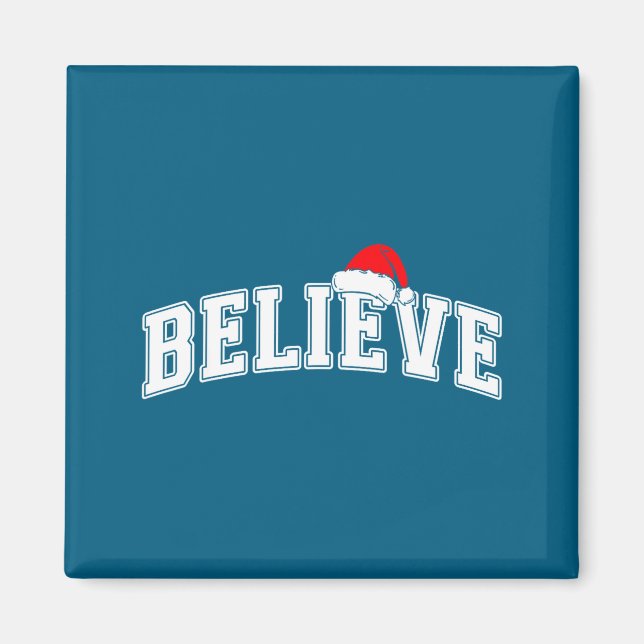 Imán Believe Christmas Varsity Text With Santa Hat Fami (Frente)