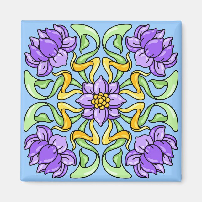 Imán Bella baldosa Art Nouveau con flores moradas (Frente)