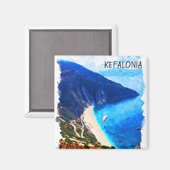 Imán Bella pintura acuarela de Kefalonia Grecia (Anverso/Reverso)