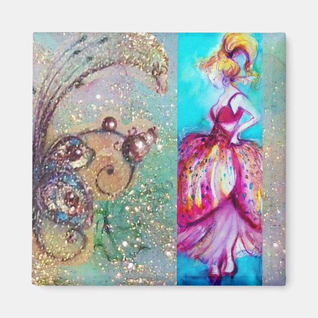 Imán BELLEZA CON VESTIDO ROSA / Planta Mariposa Mágica (Frente)