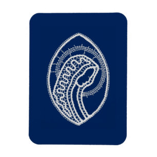 Imán Bendita Virgen María, encaje blanco, azul marino
