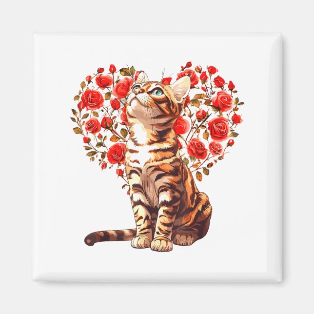 Imán Bengal Cat Valentines Day Floral Heart Design For  (Frente)