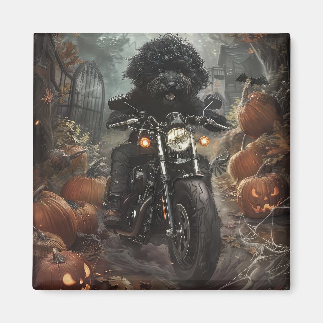 Imán Bernedoodle Riding Motorcycle Halloween Scary (Frente)