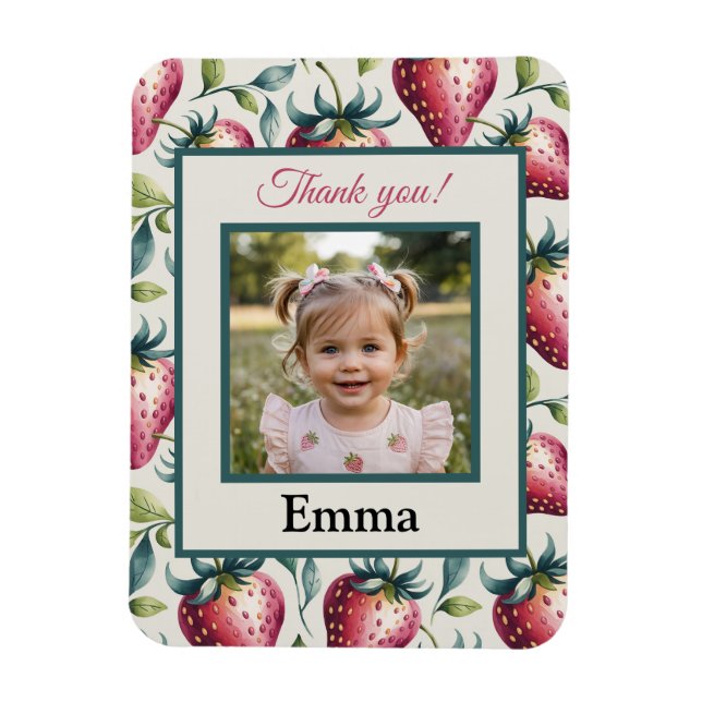 Imán Berry Sweet Strawberry Birthday Photo Name (Vertical)