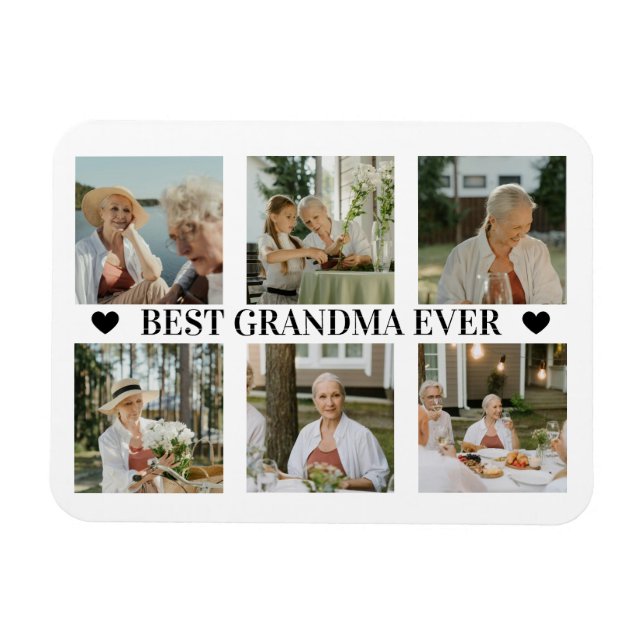 Imán Best Grandma Ever Photo Collage – Gift with Hearts (Horizontal)