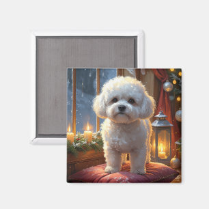 Imán Bichon Frise Con Luces de Navidad Fiesta