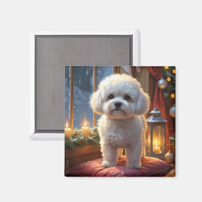 Imán Bichon Frise Con Luces de Navidad Fiesta (Anverso/Reverso)