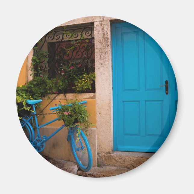 Imán Bicicleta azul y puerta en verano (Frente)