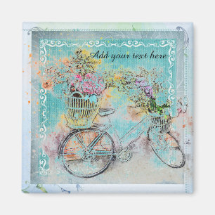 Imán Bicicleta con cestas de flores en la burlap azul