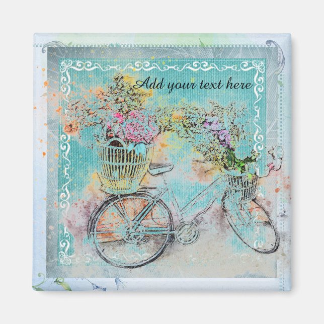 Imán Bicicleta con cestas de flores en la burlap azul (Frente)