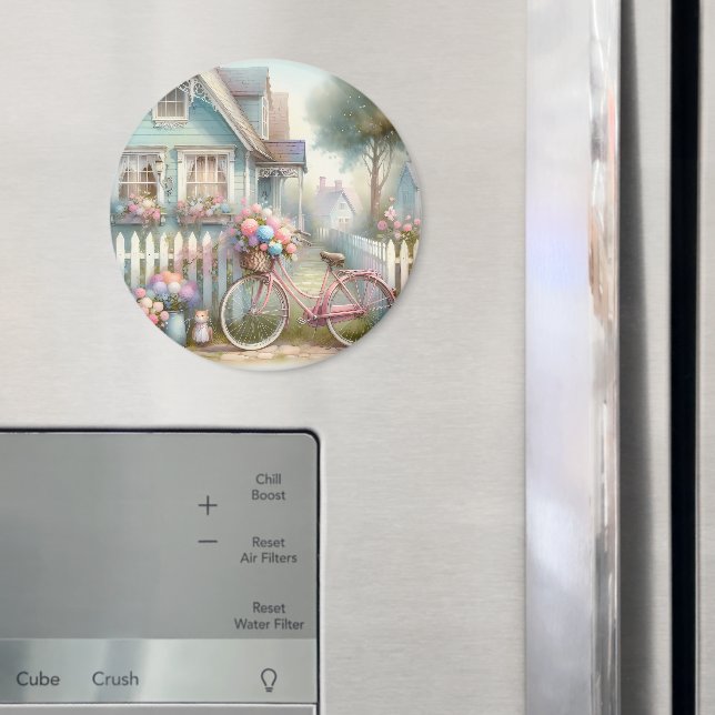 Imán Bicicleta rosa con flores en la puerta azul de la  (In situ (nevera))