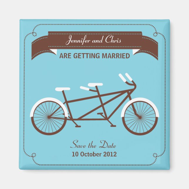 Imán Bicicleta tándem Boda moderno azul salva la fecha (Frente)