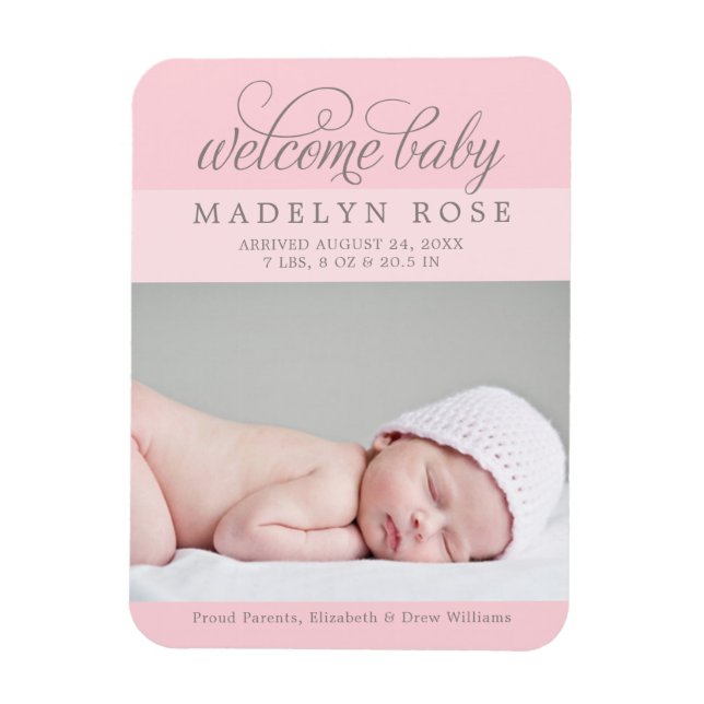 Imán Bienvenida Niña | Nacimiento elegante de foto rosa (Vertical)