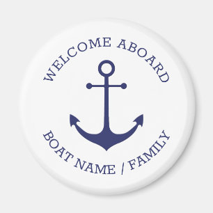 Imán Bienvenida personalizado Aboard ancla náutica azul