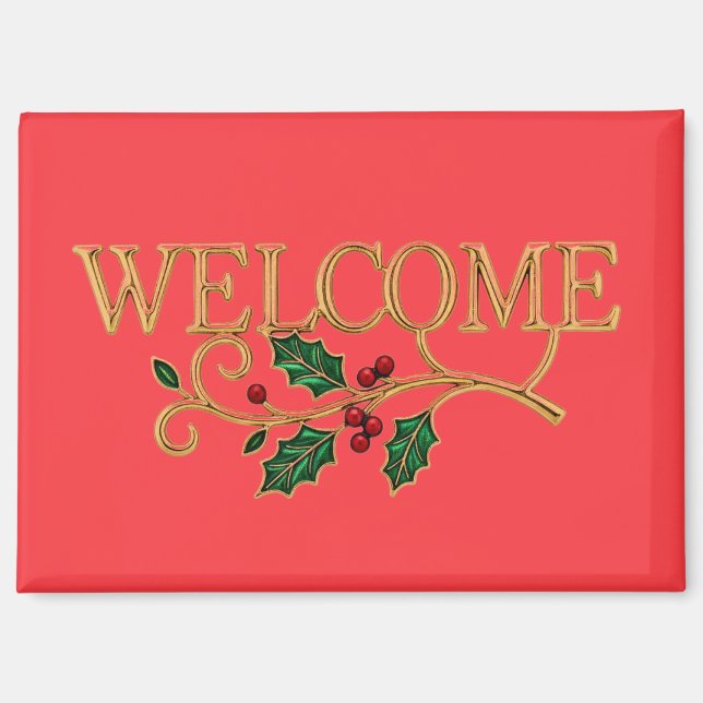 Imán Bienvenido invitado de Navidad de acebo  (Anverso)