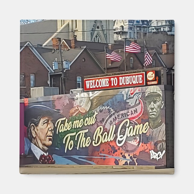 Imán Bienvenidos a Dubuque, Rótulo de Iowa con banderas (Frente)