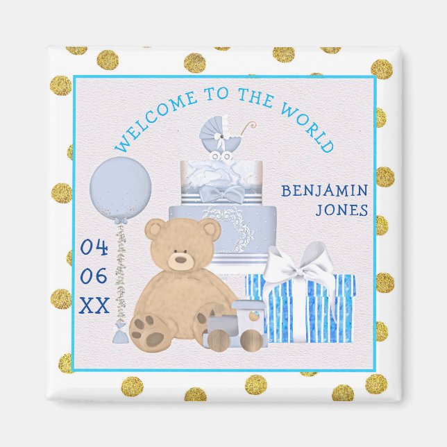 Imán Bienvenidos al World Baby Boy Nombre Fecha de naci (Frente)