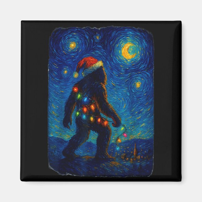 Imán Bigfoot Christmas Sasquatch Santa Hat Starry Night (Frente)
