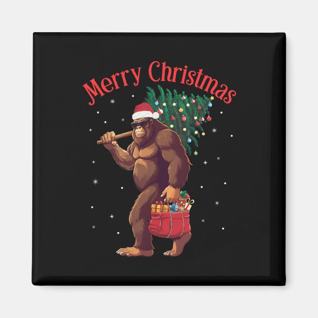 Imán Bigfoot Merry Christmas Tree Encende Sasquatch Xma (Frente)