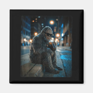 Imán Bigfoot sasquatch bebiendo café helado divertido a