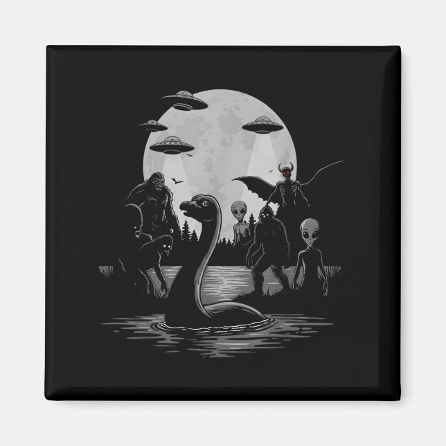 Imán Bigfoot Ufo Loch Ness Monster Mothman And Aliens!  (Frente)